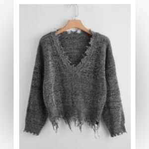 NEW Shein Space Dye Extra Distressed Loose Fit V Neckline Sweater - Size 1XL